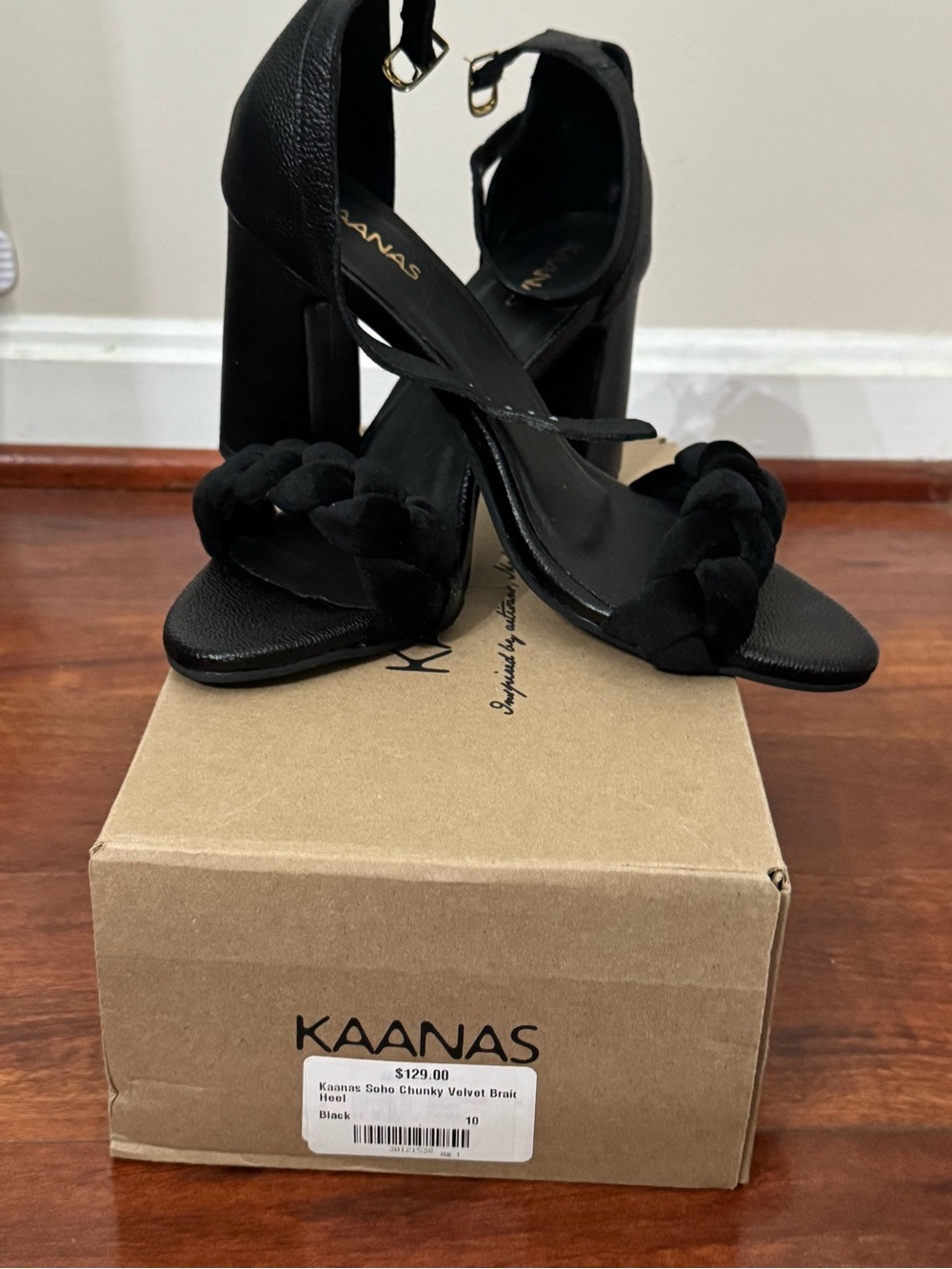 Kaanas Black Velvet Braided Chunky Heel Sandals